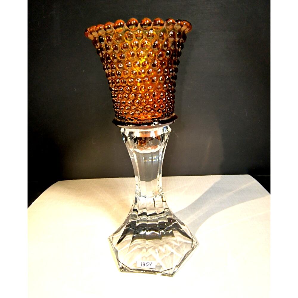 1484.  Amber Hobnail Peg Candle Holder - Picture 5 of 5